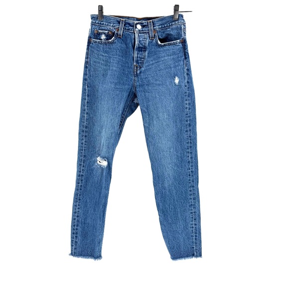 Levi's Wedgie Button Fly Distressed Frayed Jeans Womens 25 Medium Wash High Rise - Picture 1 of 12